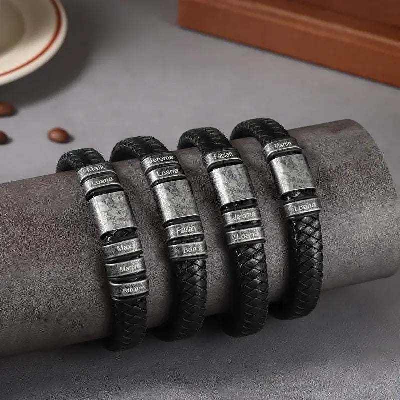 Men's Leather Engraved Name Beaded Personalised Bracelet