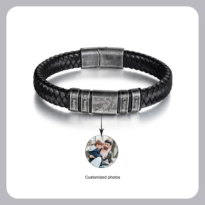 Men's Leather Engraved Name Beaded Personalised Bracelet