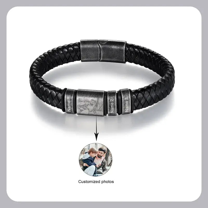 Men's Leather Engraved Name Beaded Personalised Bracelet