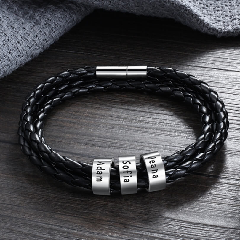 Personalised Men's Leather Bracelet - Men's Engraved 3 Names Bracelet - Sterling Silver Beads