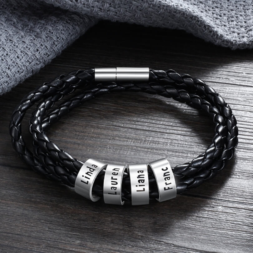 Personalised Men's Leather Bracelet - Men's Engraved 4 Names Bracelet - Sterling Silver Beads
