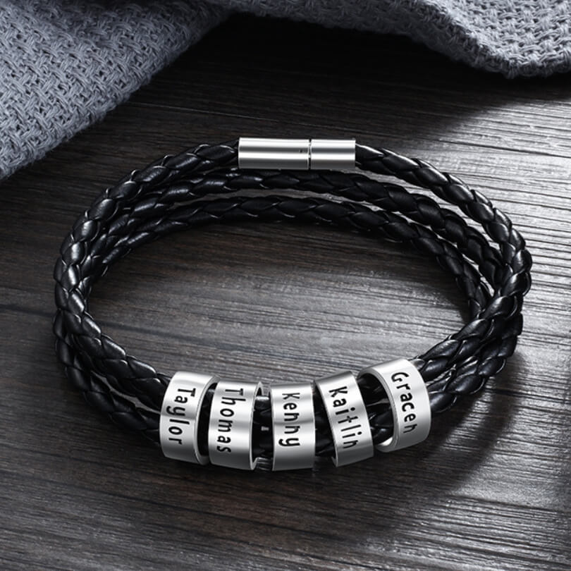 Personalised Men's Leather Bracelet - Men's Engraved 5 Names Bracelet - Sterling Silver Beads