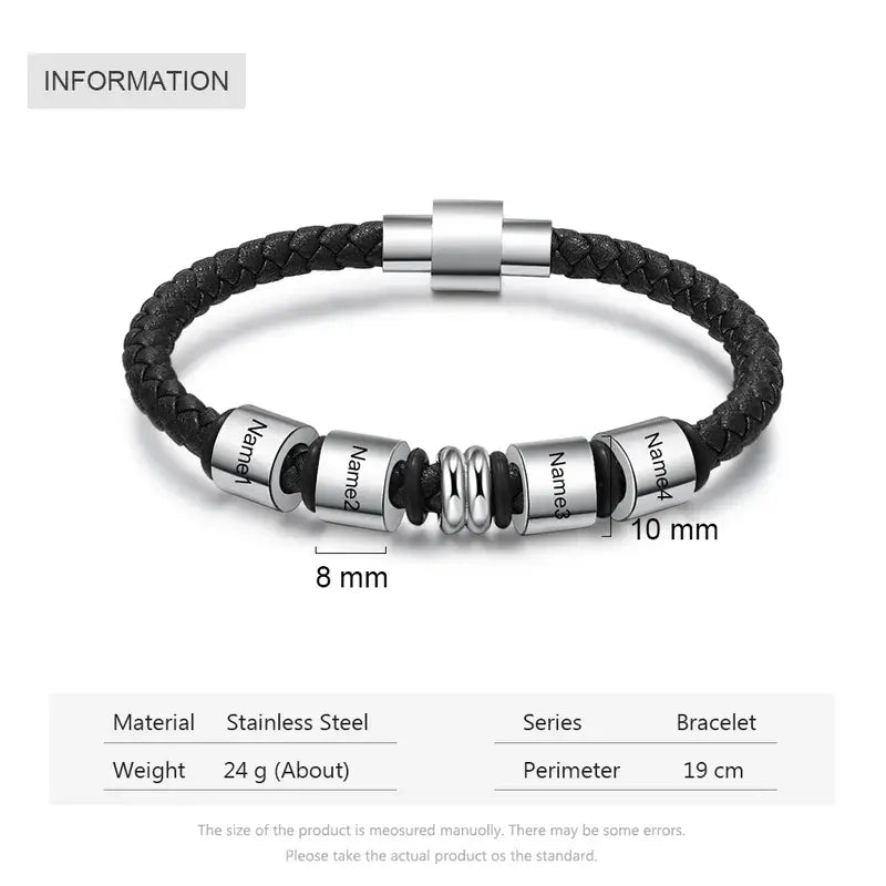 Men's Leather Personalised Bracelet with 4 Engraved Name Beads