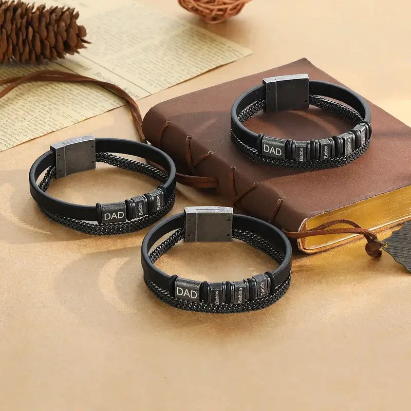 Black Men's Leather Personalised Engraved Name Bracelet