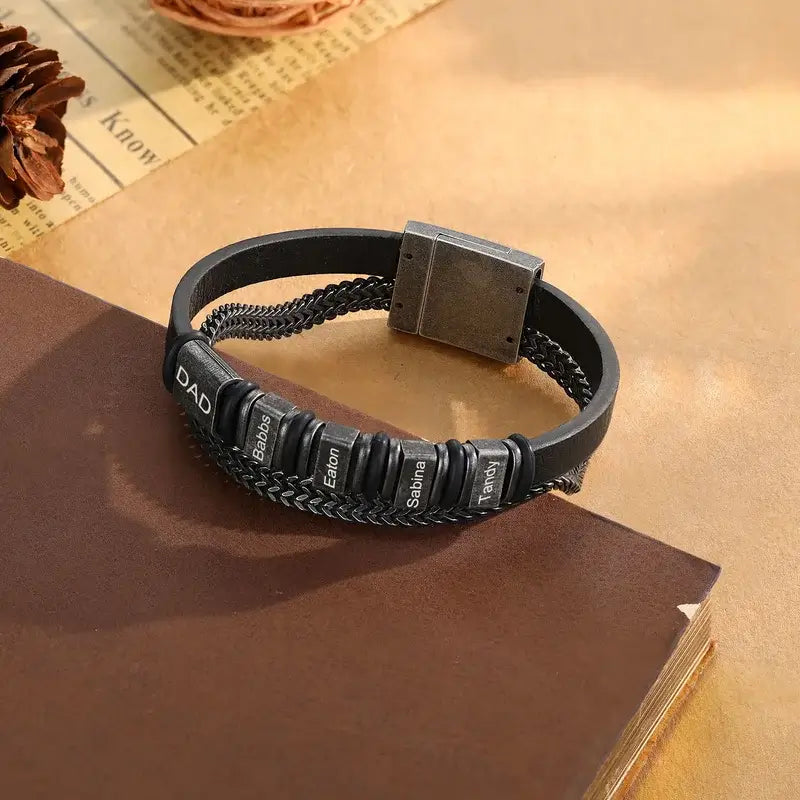 Black Men's Leather Personalised Engraved Name Bracelet