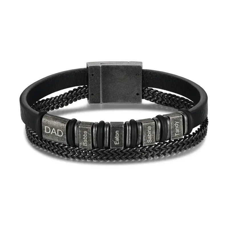 Black Men's Leather Personalised Engraved Name Bracelet