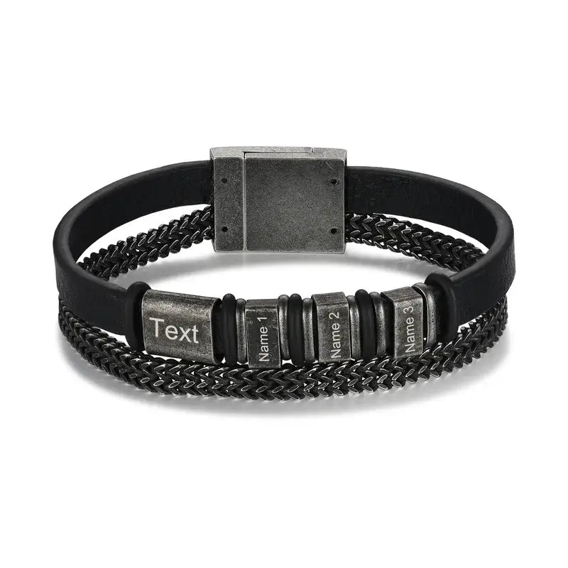 Black Men's Leather Personalised Engraved Name Bracelet