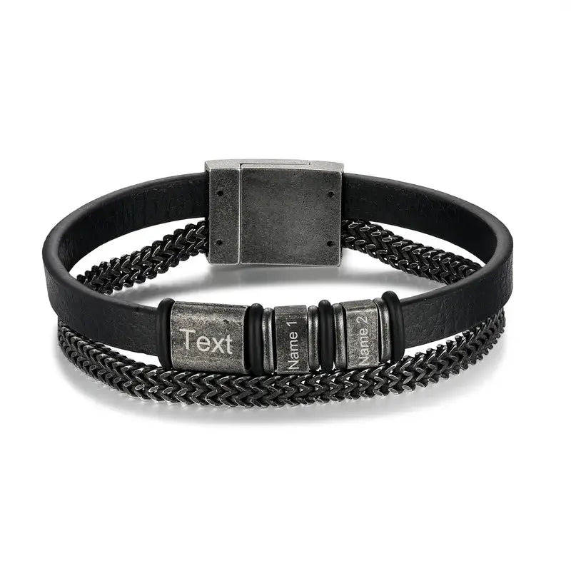 Black Men's Leather Personalised Engraved Name Bracelet