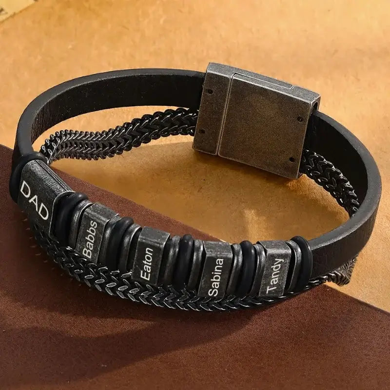 Black Men's Leather Personalised Engraved Name Bracelet