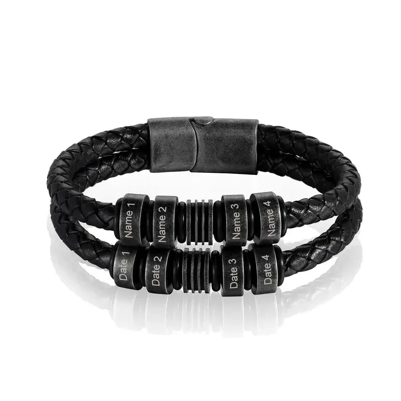 Mens Multi-Strand Leather with Black Steel Beads Bracelet