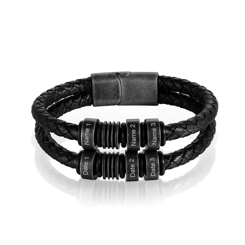 Mens Multi-Strand Leather with Black Steel Beads Bracelet