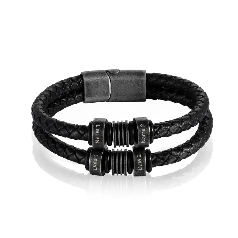 Mens Multi-Strand Leather with Black Steel Beads Bracelet