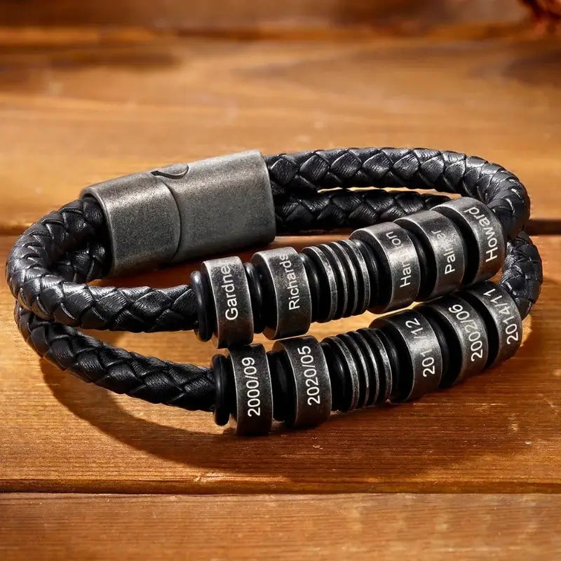 Mens Multi-Strand Leather with Black Steel Beads Bracelet