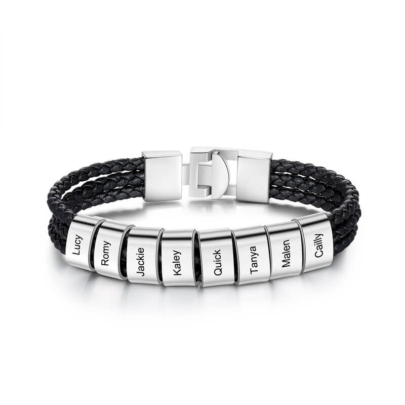 Men's Personalised Black Leather Bracelet with Engraved names - Up to 8 Beads