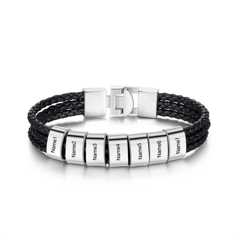 Men's Personalised Black Leather Bracelet with Engraved names - Up to 8 Beads