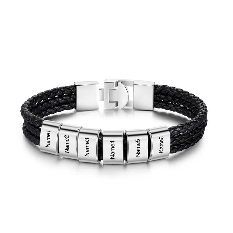 Men's Personalised Black Leather Bracelet with Engraved names - Up to 8 Beads