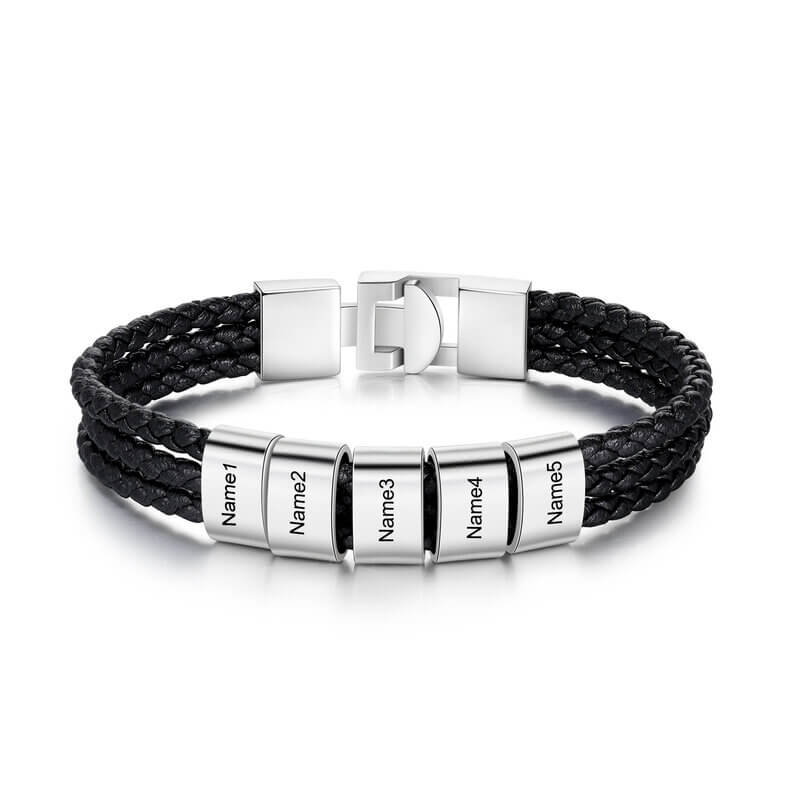 Men's Personalised Black Leather Bracelet with Engraved names - Up to 8 Beads