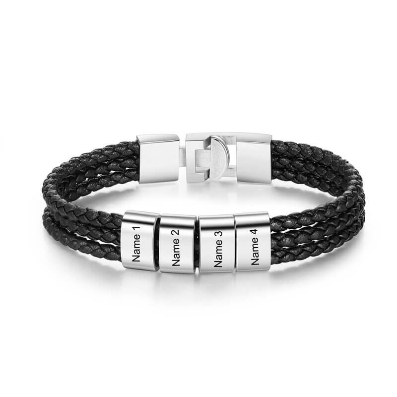 Men's Personalised Black Leather Bracelet with Engraved names - Up to 8 Beads