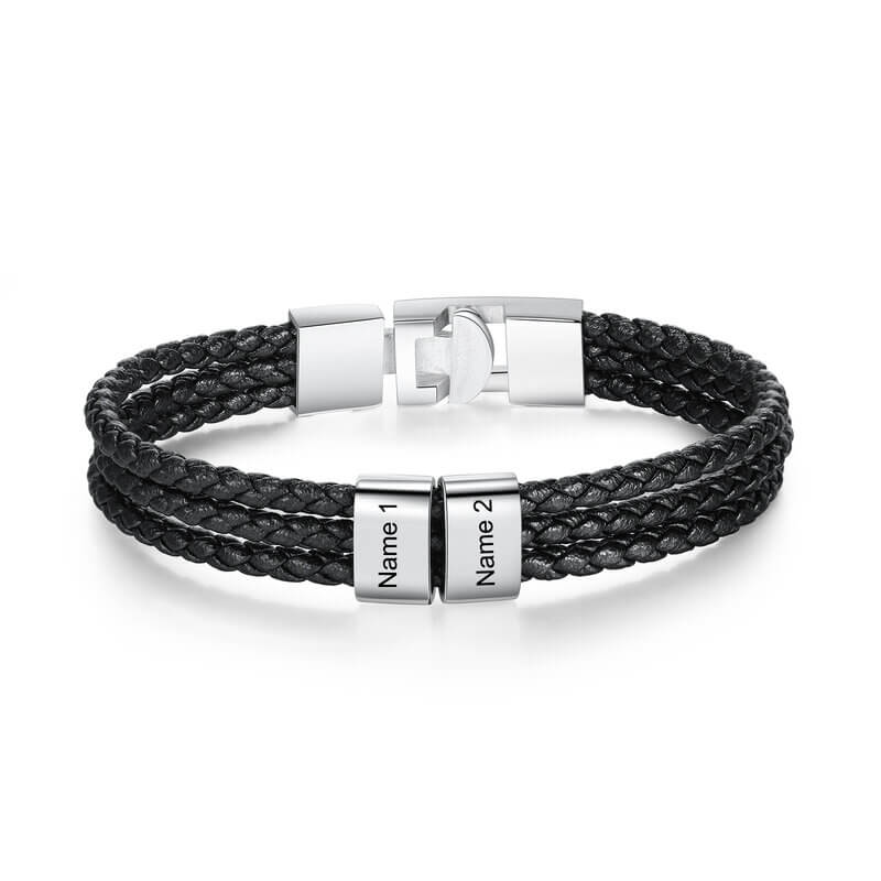 Men's Personalised Black Leather Bracelet with Engraved names - Up to 8 Beads