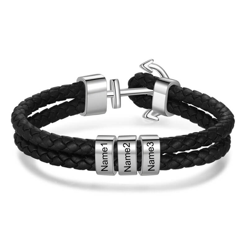 Men's Leather Personalised Engraved Beads Anchor Bracelet