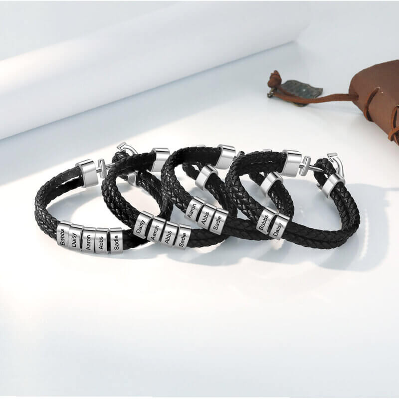 Men's Leather Personalised Engraved Beads Anchor Bracelet