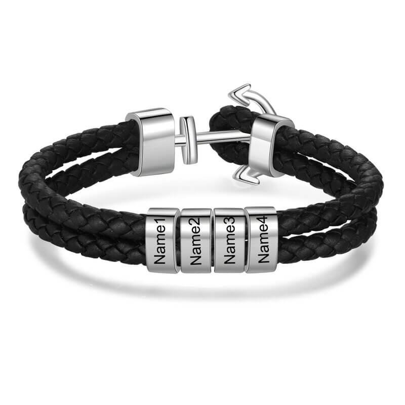 Men's Leather Personalised Engraved Beads Anchor Bracelet