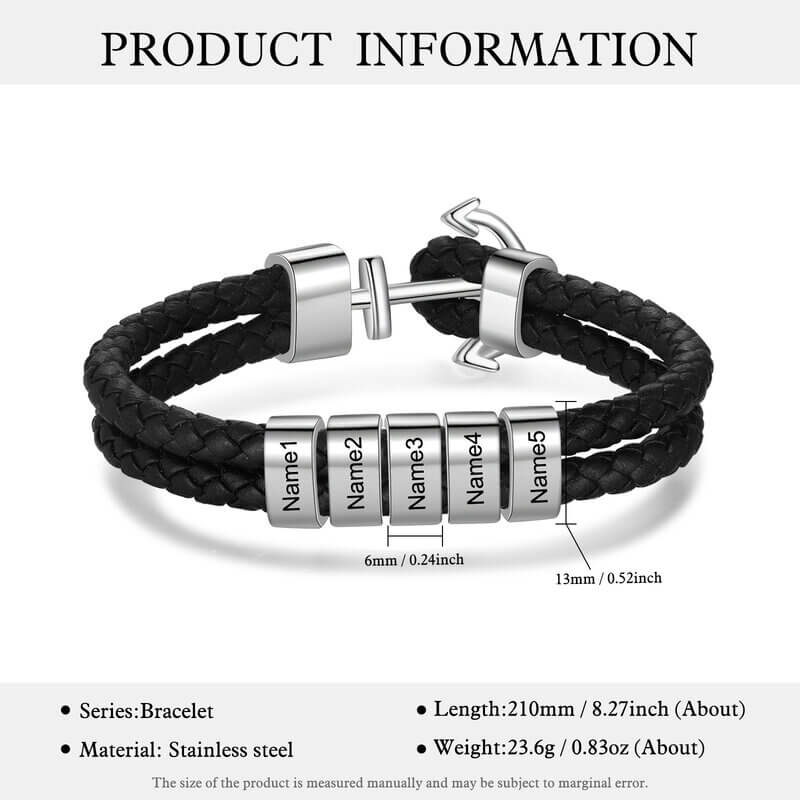 Men's Leather Personalised Engraved Beads Anchor Bracelet