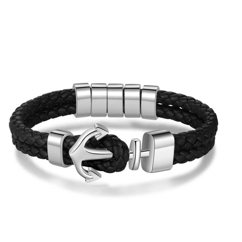 Men's Leather Personalised Engraved Beads Anchor Bracelet