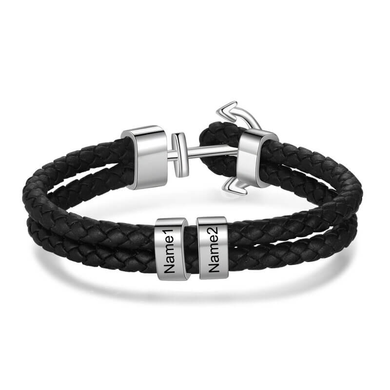 Men's Leather Personalised Engraved Beads Anchor Bracelet