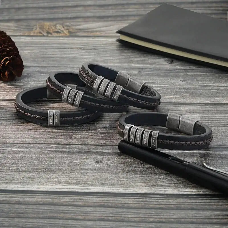 Men's Leather Personalised Engraved Beads Bracelet