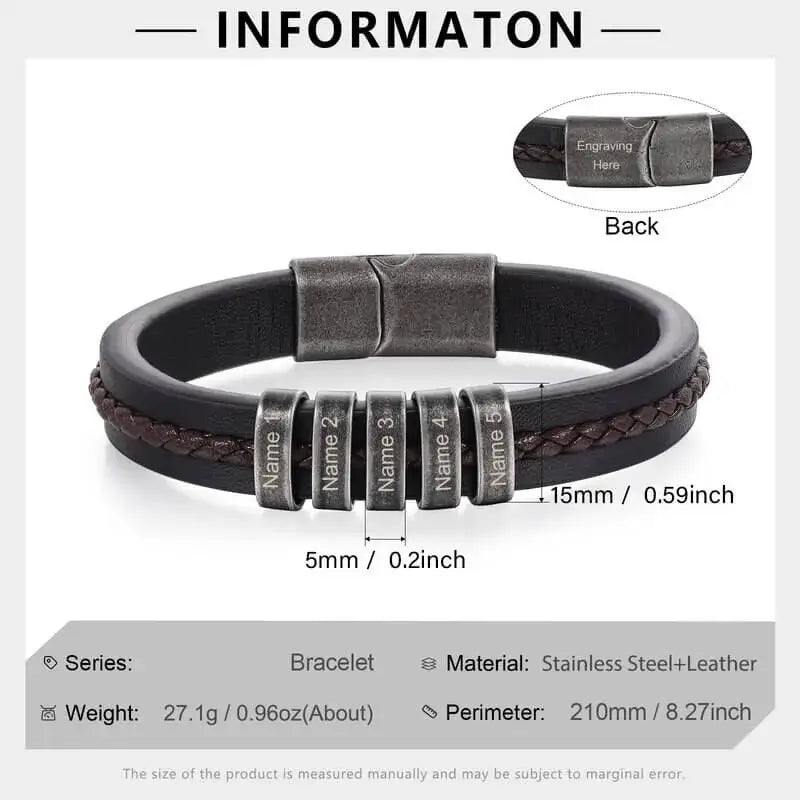 Men's Leather Personalised Engraved Beads Bracelet