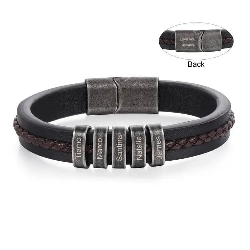 Men's Leather Personalised Engraved Beads Bracelet