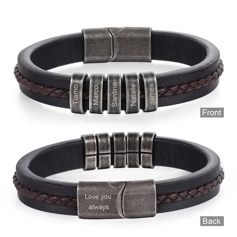 Men's Leather Personalised Engraved Beads Bracelet