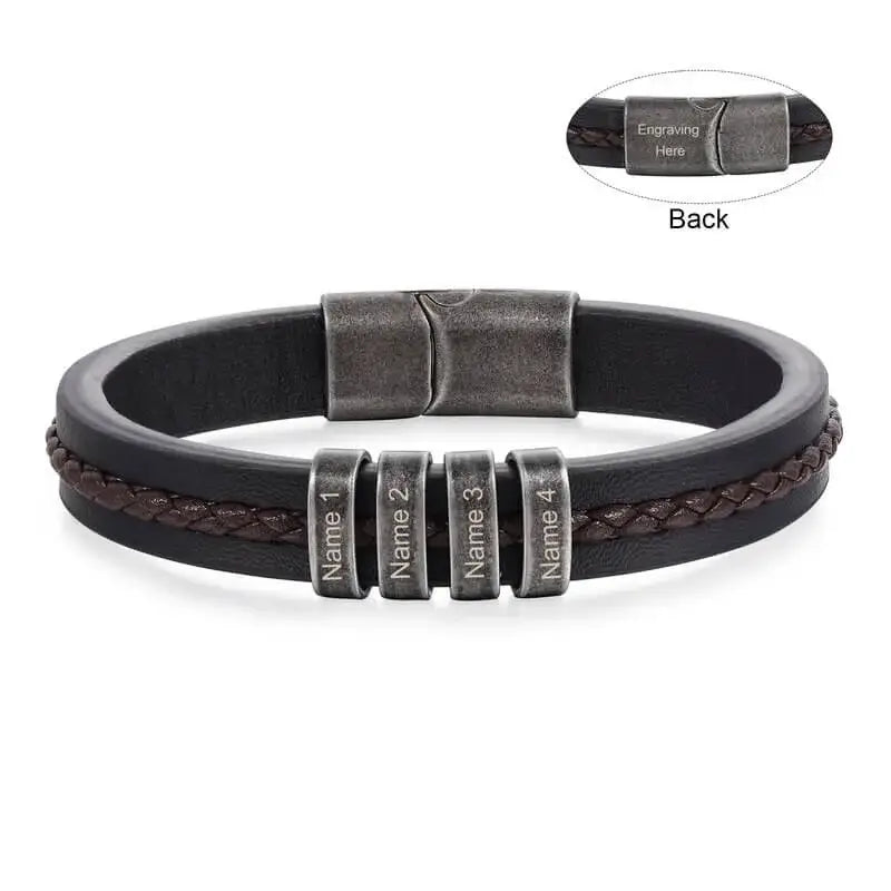 Men's Leather Personalised Engraved Beads Bracelet