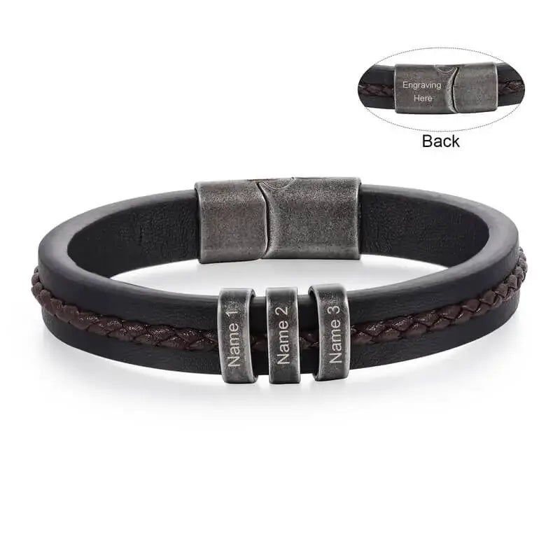 Men's Leather Personalised Engraved Beads Bracelet