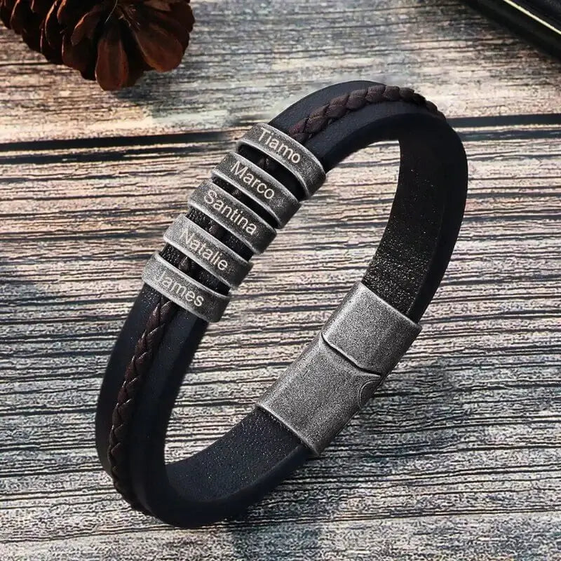 Men's Leather Personalised Engraved Beads Bracelet