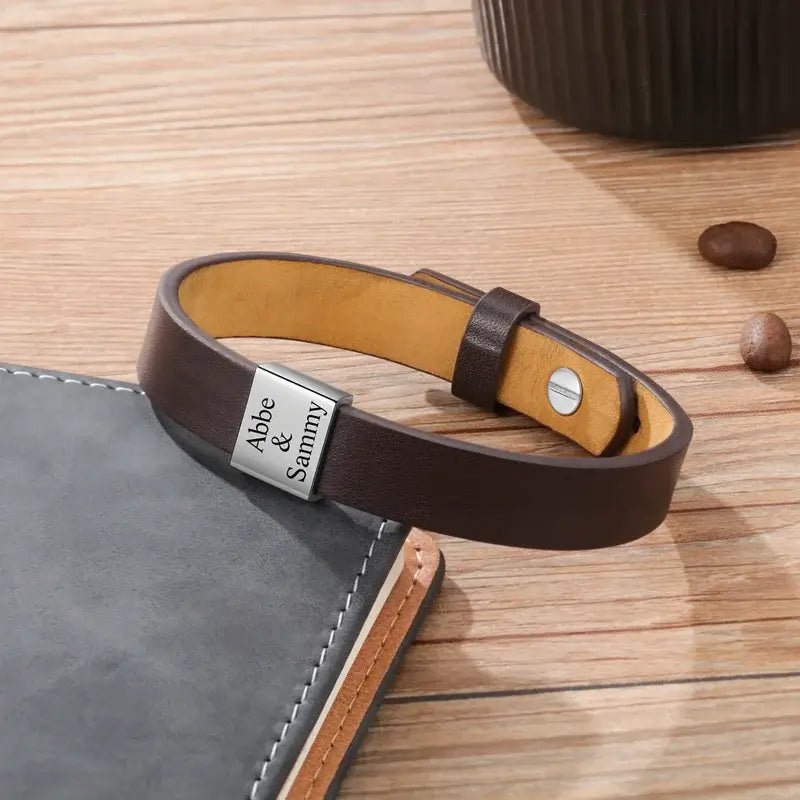 Engraved Men's Leather Bracelet - Men's Personalised Bracelet