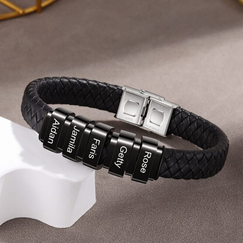 Men's Personalised Leather Beads Bracelet with Engraved 1-5 Names