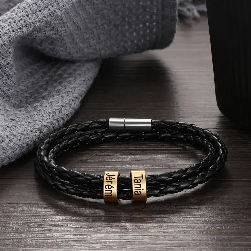 Men's Personalised Leather Bracelet with 2-5 Engraved Gold Beads