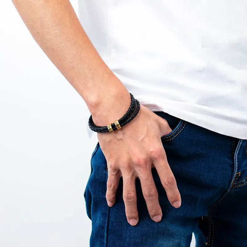 Men's Personalised Leather Bracelet with 2-5 Engraved Gold Beads