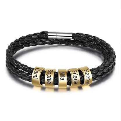 Men's Personalised Leather Bracelet with 2-5 Engraved Gold Beads