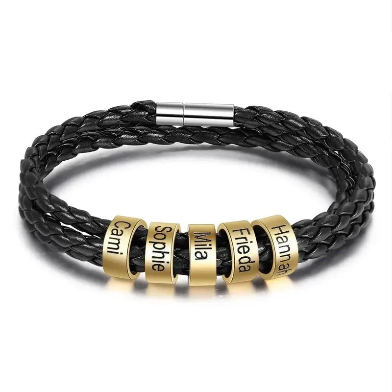 Men's Personalised Leather Bracelet with 2-5 Engraved Gold Beads