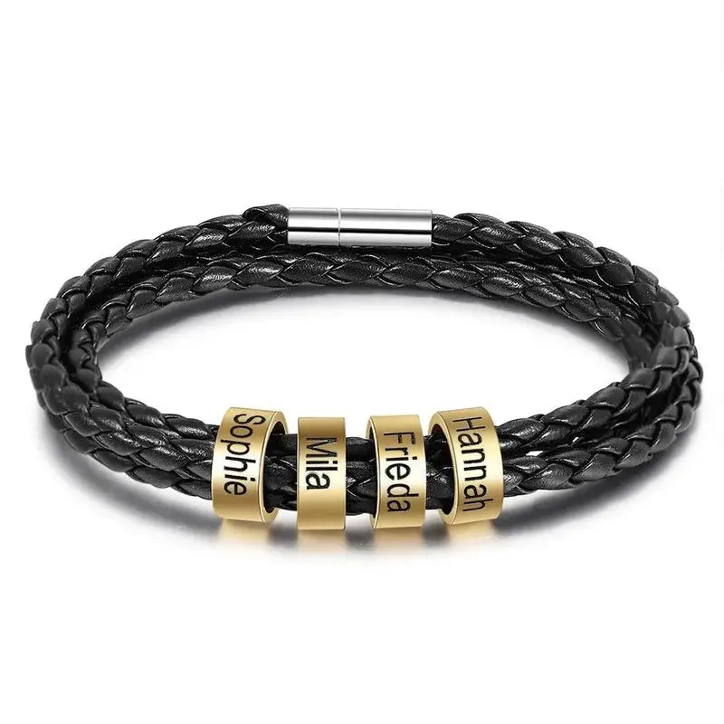 Men's Personalised Leather Bracelet with 2-5 Engraved Gold Beads