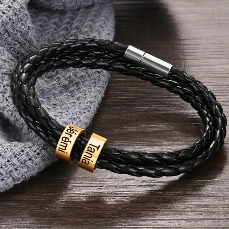 Men s Personalised Leather Bracelet with 2 5 Engraved Gold Beads