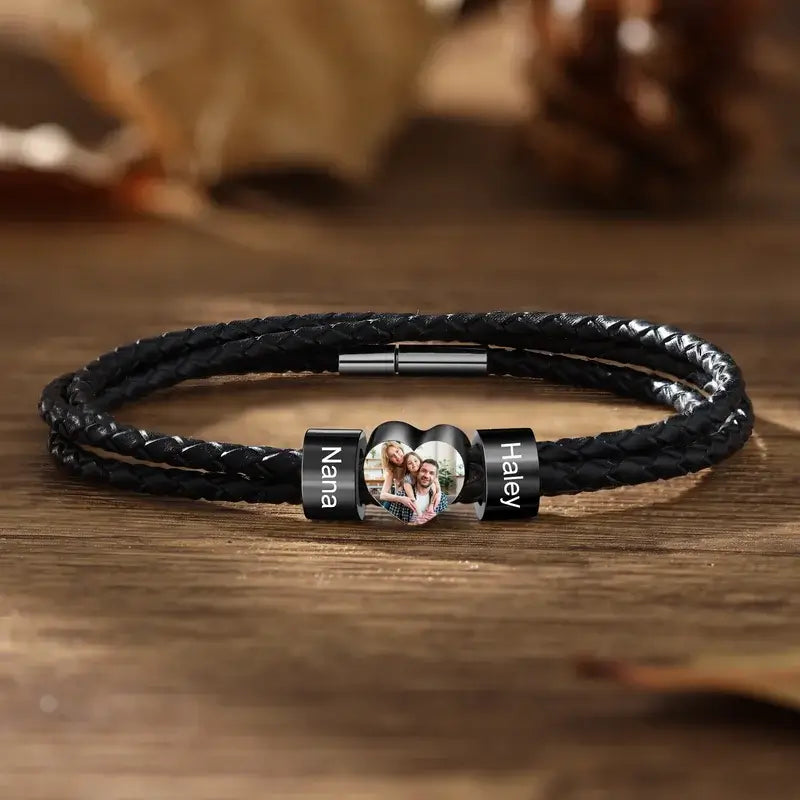 Engraved double online g leather bracelet