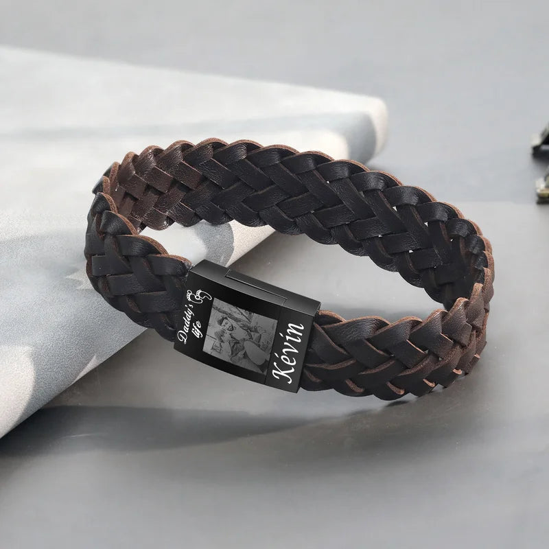 Men's Photo Bracelet | Men's Picture Bracelet | Photo Bracelet for Him | Brown Leather Photo Bracelet