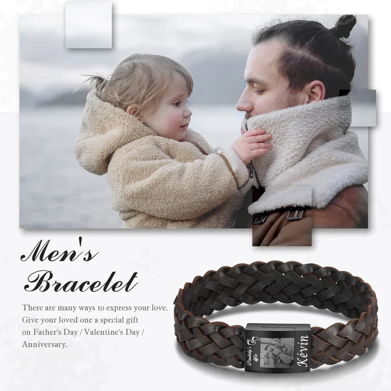 Men's Photo Bracelet | Men's Picture Bracelet | Photo Bracelet for Him | Brown Leather Photo Bracelet