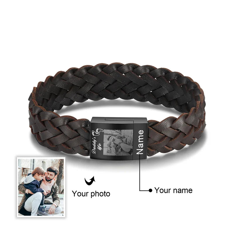 Men's Photo Bracelet | Men's Picture Bracelet | Photo Bracelet for Him | Brown Leather Photo Bracelet