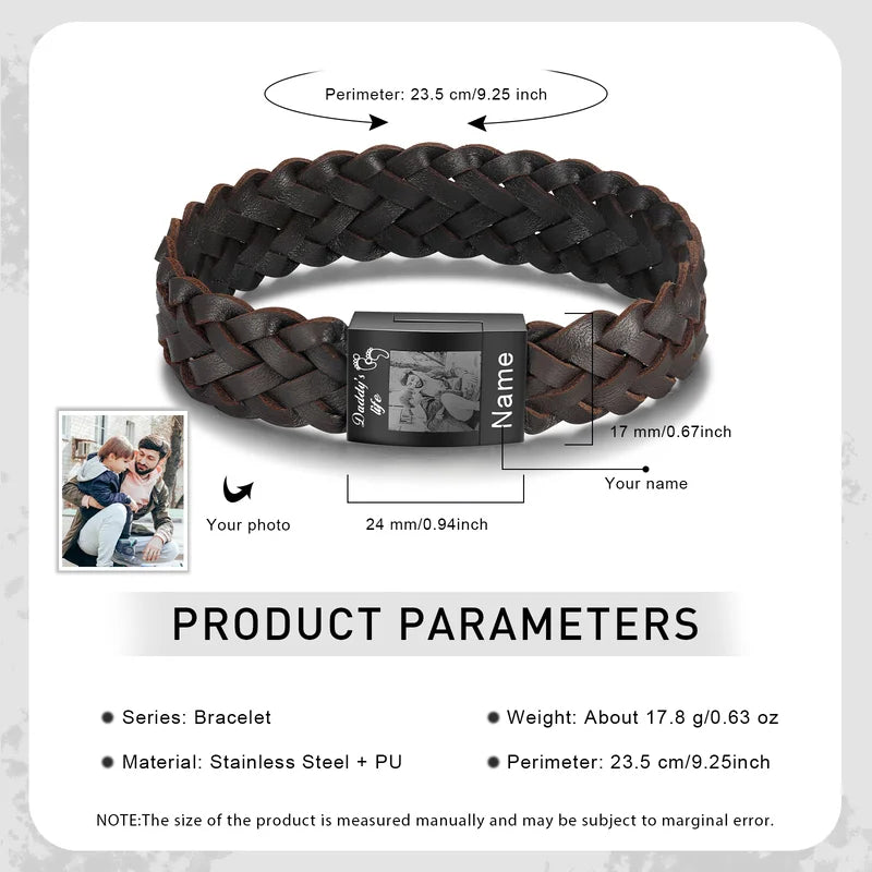 Men's Photo Bracelet | Men's Picture Bracelet | Photo Bracelet for Him | Brown Leather Photo Bracelet