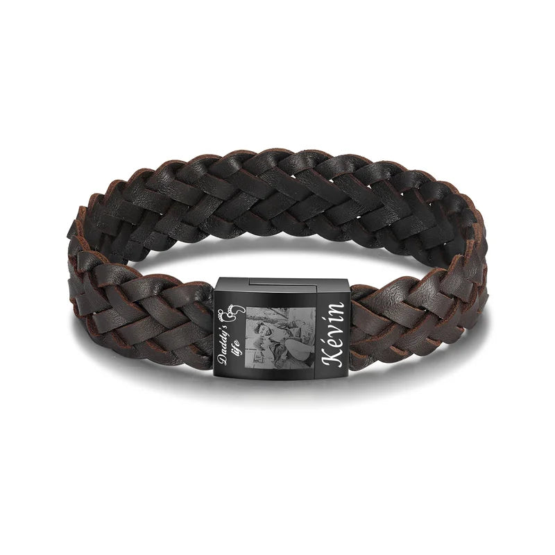 Men's Photo Bracelet | Men's Picture Bracelet | Photo Bracelet for Him | Brown Leather Photo Bracelet